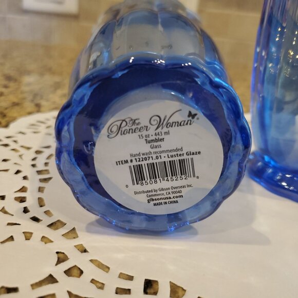 Lot of 2 Pioneer Woman Blue Luster Iridescent Pearlized Glass Tumbler 15 oz NEW - Picture 4 of 5